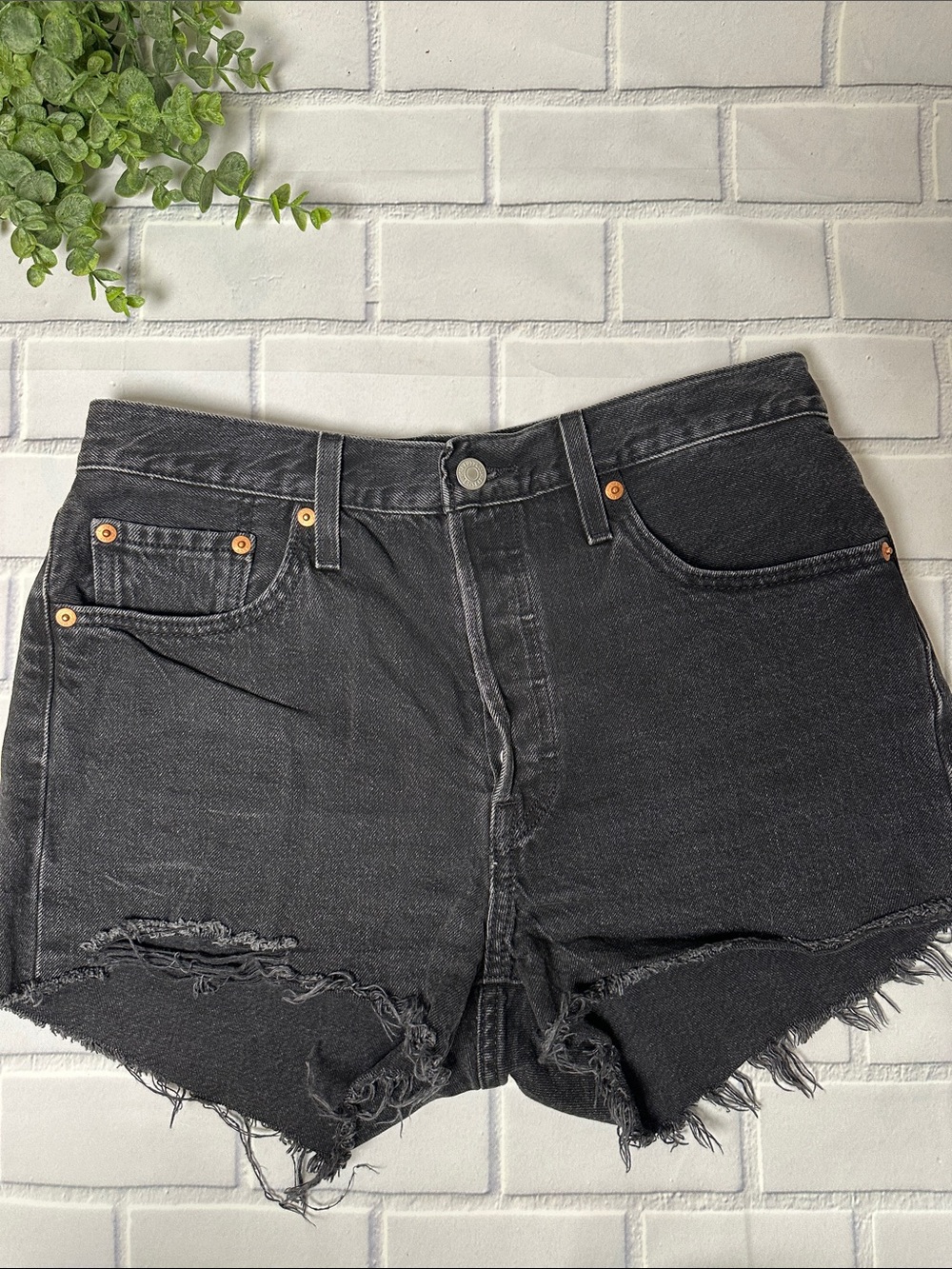 Levi’s Black Distressed High-Rise Women's Button Fly Denim Shorts Sz 29